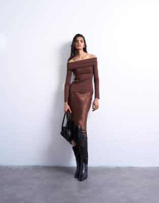 Topshop Long Sleeve Bardot Top In Brown