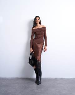 Model wearing Long sleeve bardot top in brown