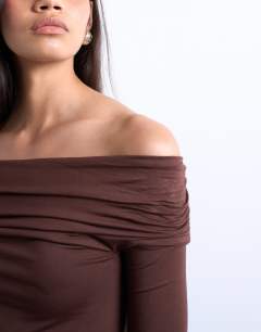 Model wearing Long sleeve bardot top in brown
