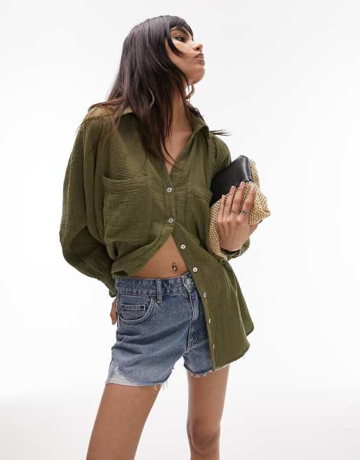 Topshop long sleeve casual shirt in khaki | ASOS