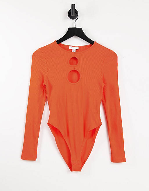 Tops Topshop long sleeve circular cut out body in orange 