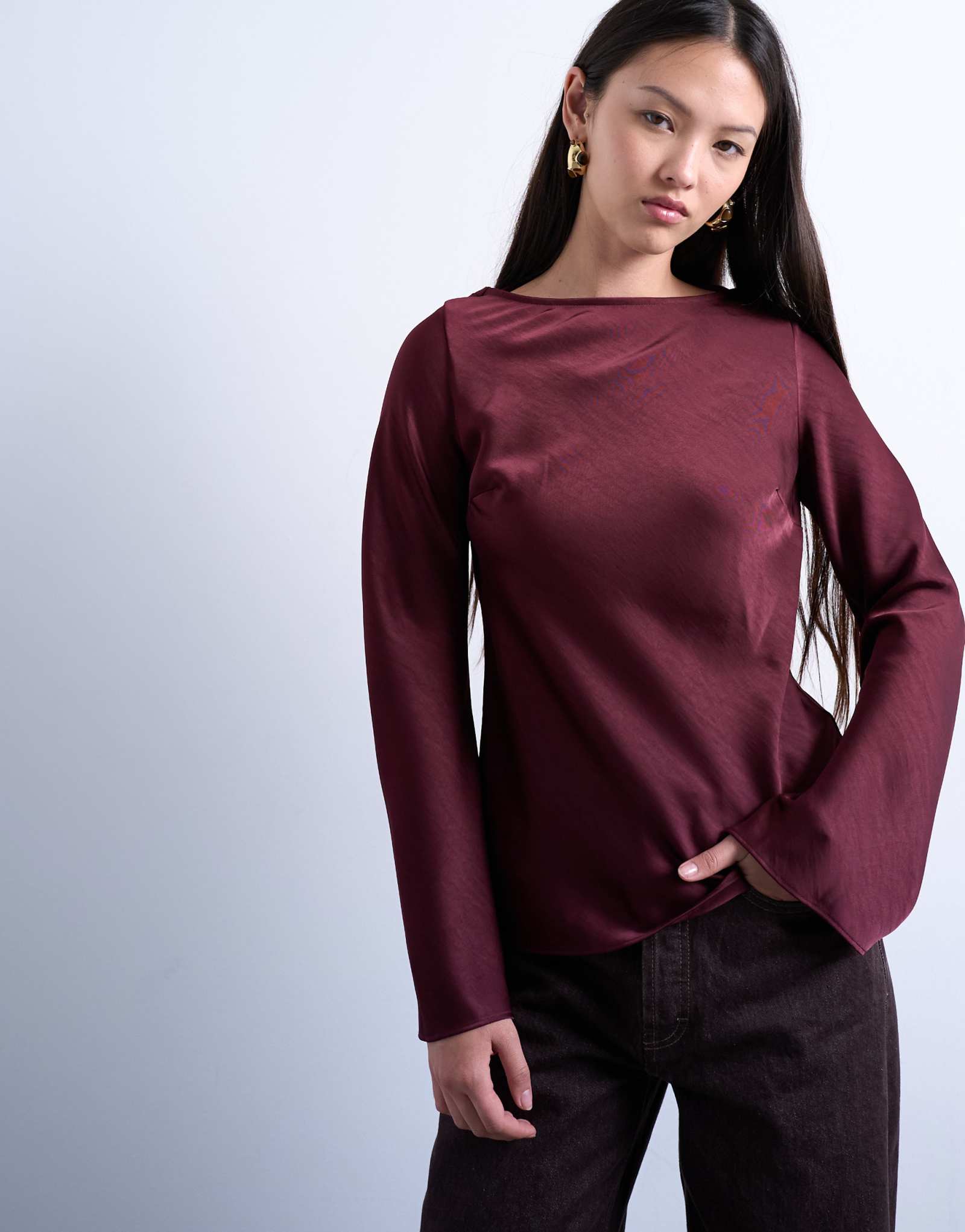 Топ с капюшоном и длинными рукавами от Topshop бордового цвета