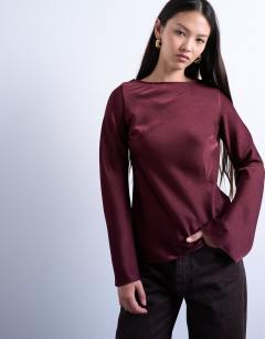 Long sleeve cowl detail top in burgundy