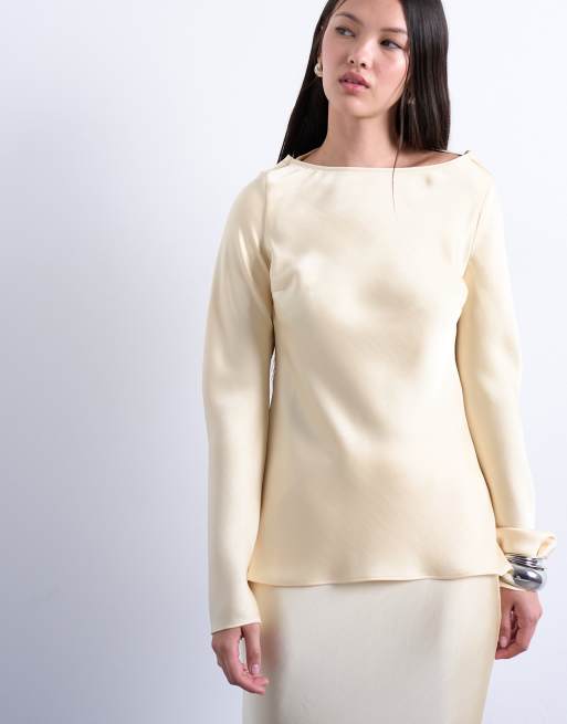 Topshop long sleeve cowl detail top in buttermilk, 3 of 5