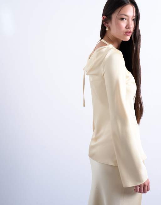 Topshop long sleeve cowl detail top in buttermilk, 4 of 5