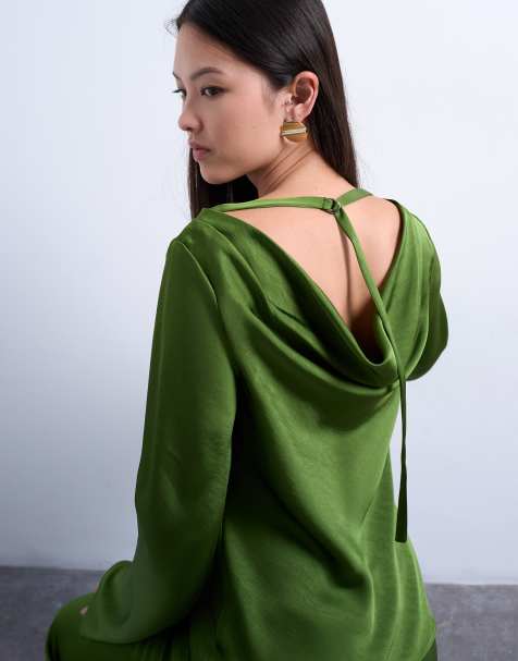 Topshop long sleeve cowl detail top in green - view 1