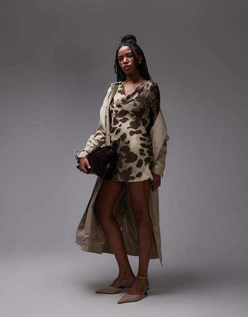 Topshop long sleeve cowl neck mini tea dress in blurred animal 