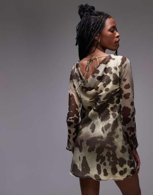 Topshop long sleeve cowl neck mini tea dress in blurred animal ASOS