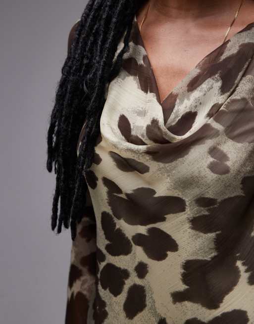 Topshop long sleeve cowl neck mini tea dress in blurred animal 