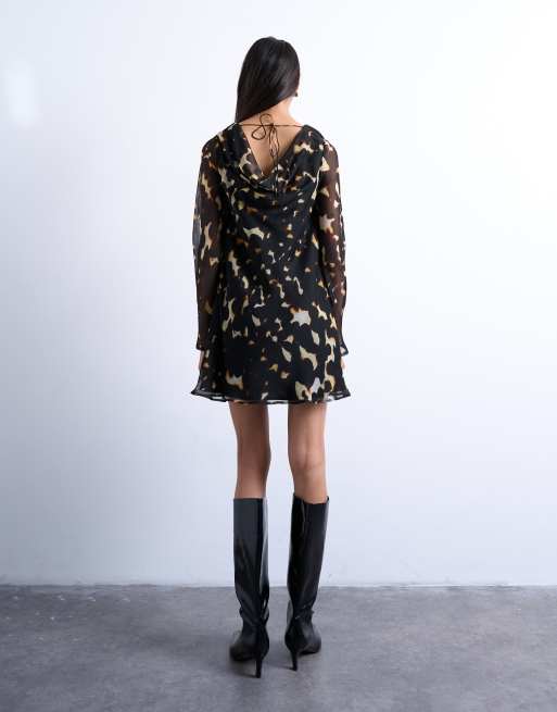 Topshop long sleeve cowl neck mini tea dress in tortoise print, 3 of 4