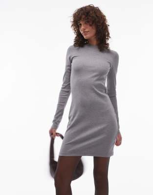 long sleeve crew neck mini dress in gray heather