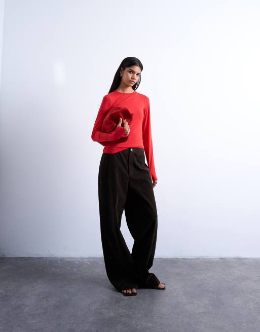 Topshop long sleeve crew neck superfine top in red, 4 of 4