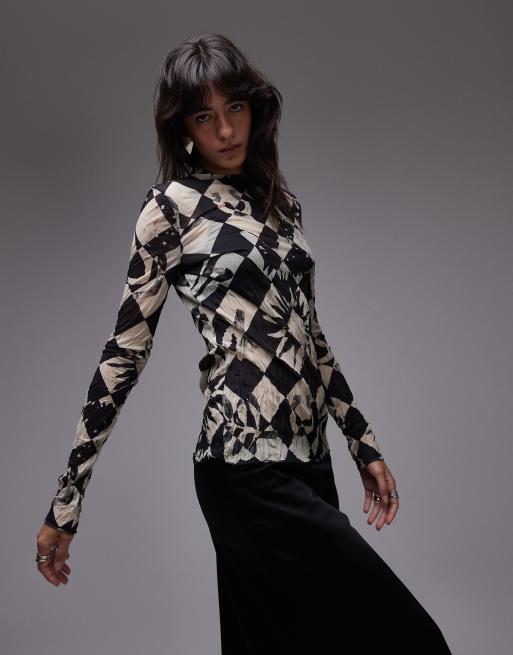 Topshop long sleeve crinkle checkerboard top in mono, 2 of 4