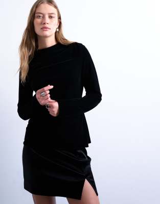 Topshop Long Sleeve Drape Neck Velvet Top In Black