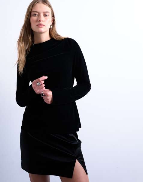 Topshop long sleeve drape neck velvet top in black - view 1