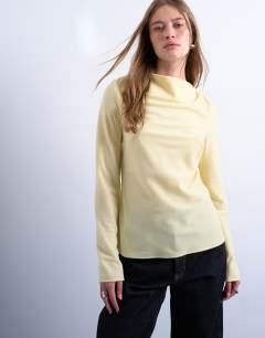 Long sleeve drape neck velvet top in buttermilk