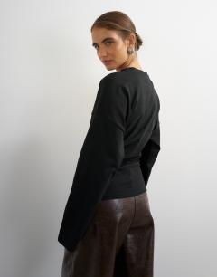 Model wearing Long sleeve draped detail top in black