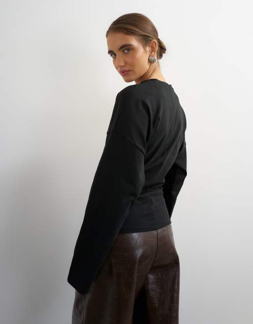 Topshop long sleeve draped detail top in black, 4 of 4