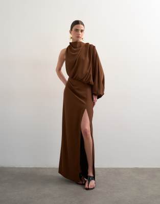 Topshop Long Sleeve Draped Mini Dress In Brown