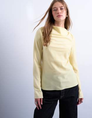 Topshop Long Sleeve Draped Neck Velvet Top In Neutral