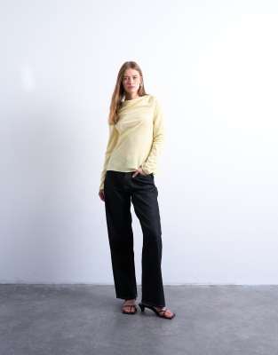 Topshop Long Sleeve Draped Neck Velvet Top In Neutral