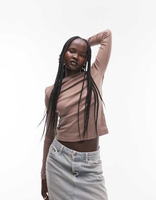 Topshop long sleeve everyday tee in taupe - BEIGE