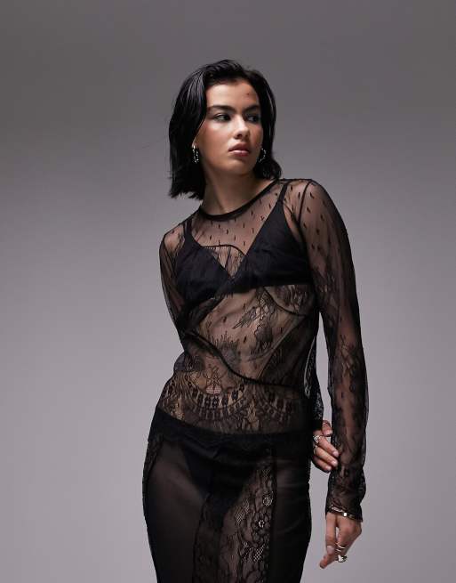 Black Eyelash Lace Longsleeve Plunge Blouse