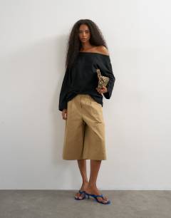 Model wearing Long sleeve fallen shoulder top in black