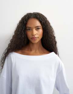 Model wearing Long sleeve fallen shoulder top in white