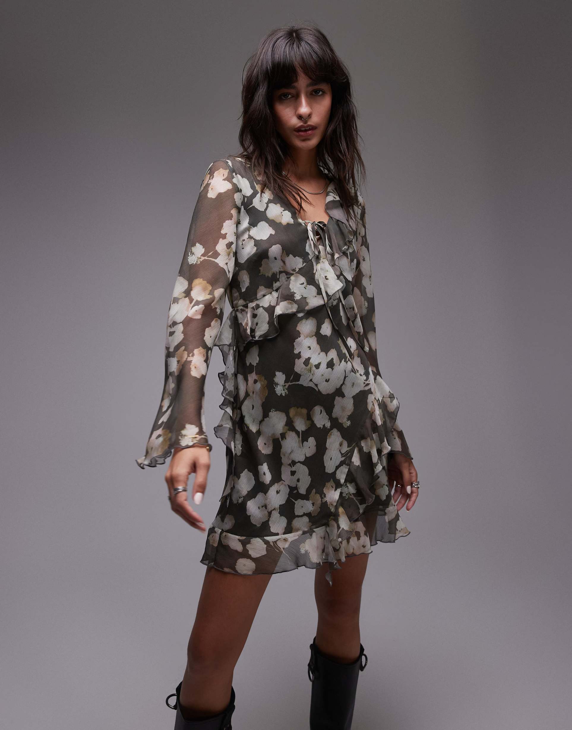 topshop long sleeve frill mini tea dress in watercolor floral