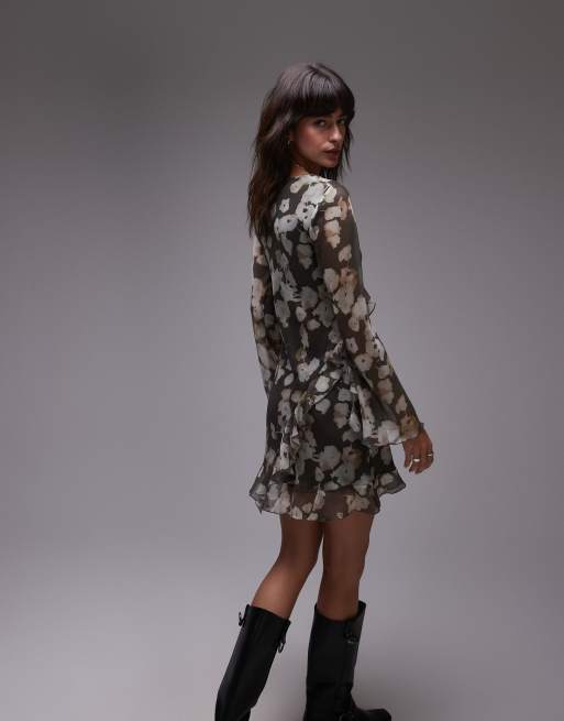 Topshop Long Sleeve Frill Mini Tea Dress in Watercolor floral Multi