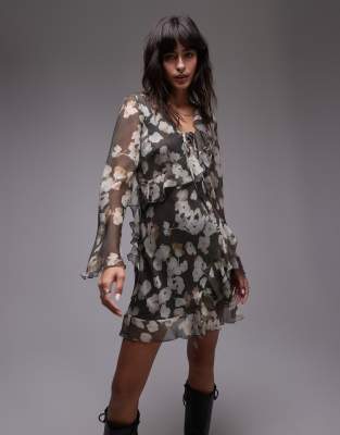 Shop Topshop long sleeve frill mini tea dress watercolour floral Online – Trendy & Affordable Fashion