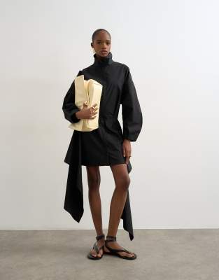 Topshop long sleeve funnel neck shirt dress with wrap detail in charcoal gray