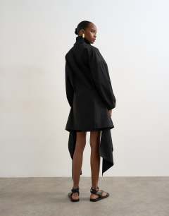 Model wearing Long sleeve funnel neck shirt dress with wrap detail in charcoal grey
