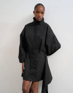 Model wearing Long sleeve funnel neck shirt dress with wrap detail in charcoal grey