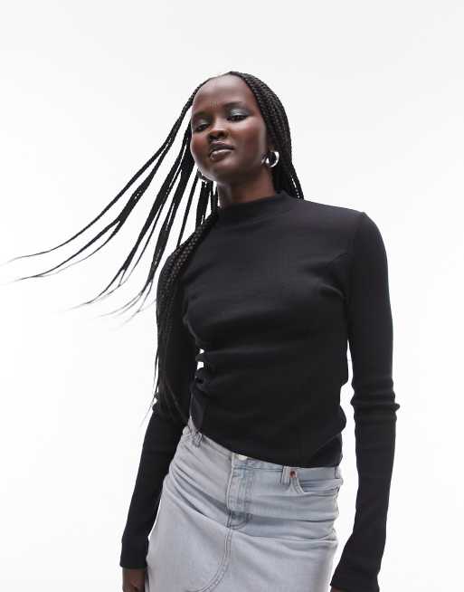 Topshop long sleeve funnel neck top in black | ASOS