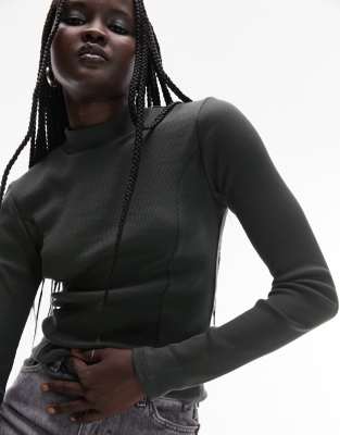 topshop long sleeve funnel neck top in dark green