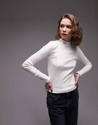 Topshop long sleeve funnel neck top in ecru