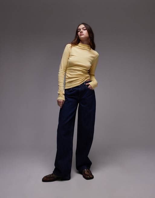 Topshop long sleeve funnel neck top in yellow, 3 of 4
