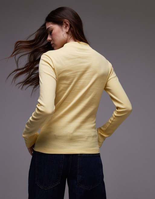 Topshop long sleeve funnel neck top in yellow, 4 of 4