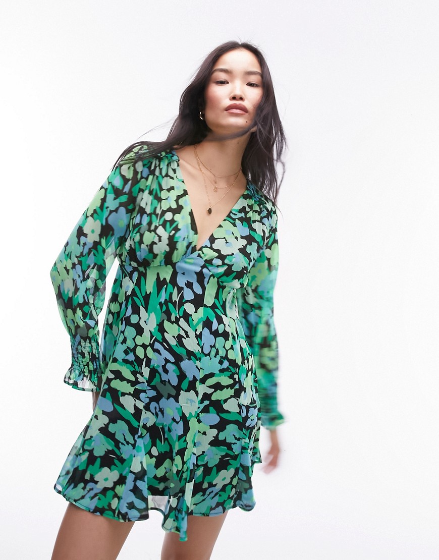 Topshop Long Sleeve Godet Mini Tea Dress In Green Floral Print