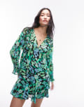 [Topshop] Topshop long sleeve godet mini tea dress in green floral print 6 green