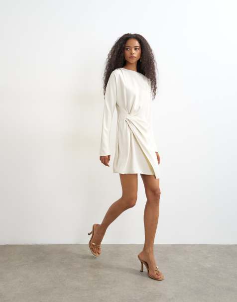 Topshop long sleeve high neck tuck side mini dress in off white - view 1