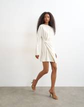 Topshop long sleeve high neck tuck side mini dress in off white