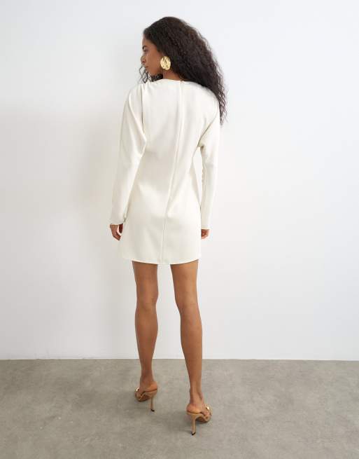 Topshop long sleeve high neck tuck side mini dress in off white, 2 of 4
