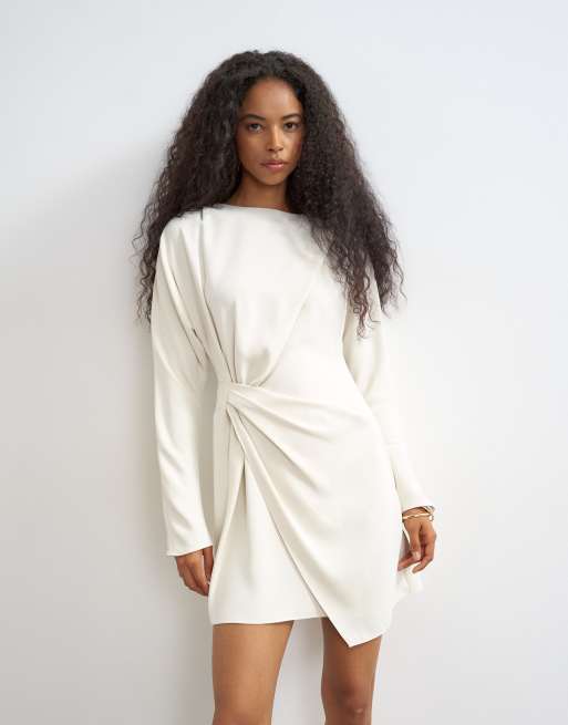 Topshop long sleeve high neck tuck side mini dress in off white, 3 of 4