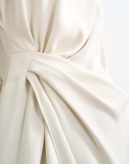 Topshop long sleeve high neck tuck side mini dress in off white, 4 of 4