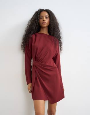 Topshop Long Sleeve High Neck Tucked Side Mini Dress In Brown