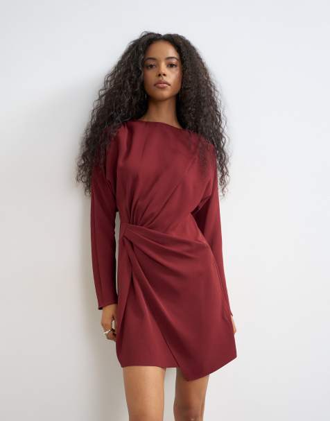 Topshop long sleeve high neck tucked side mini dress in burgundy - view 1
