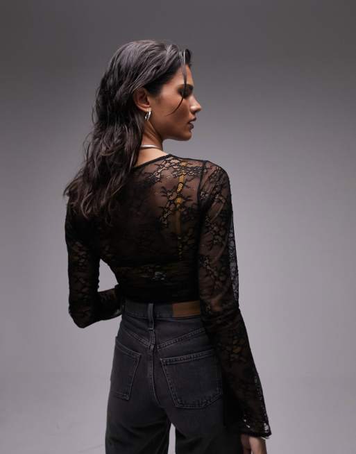 Black Lace Full Sleeve Mesh Bodysuit Top